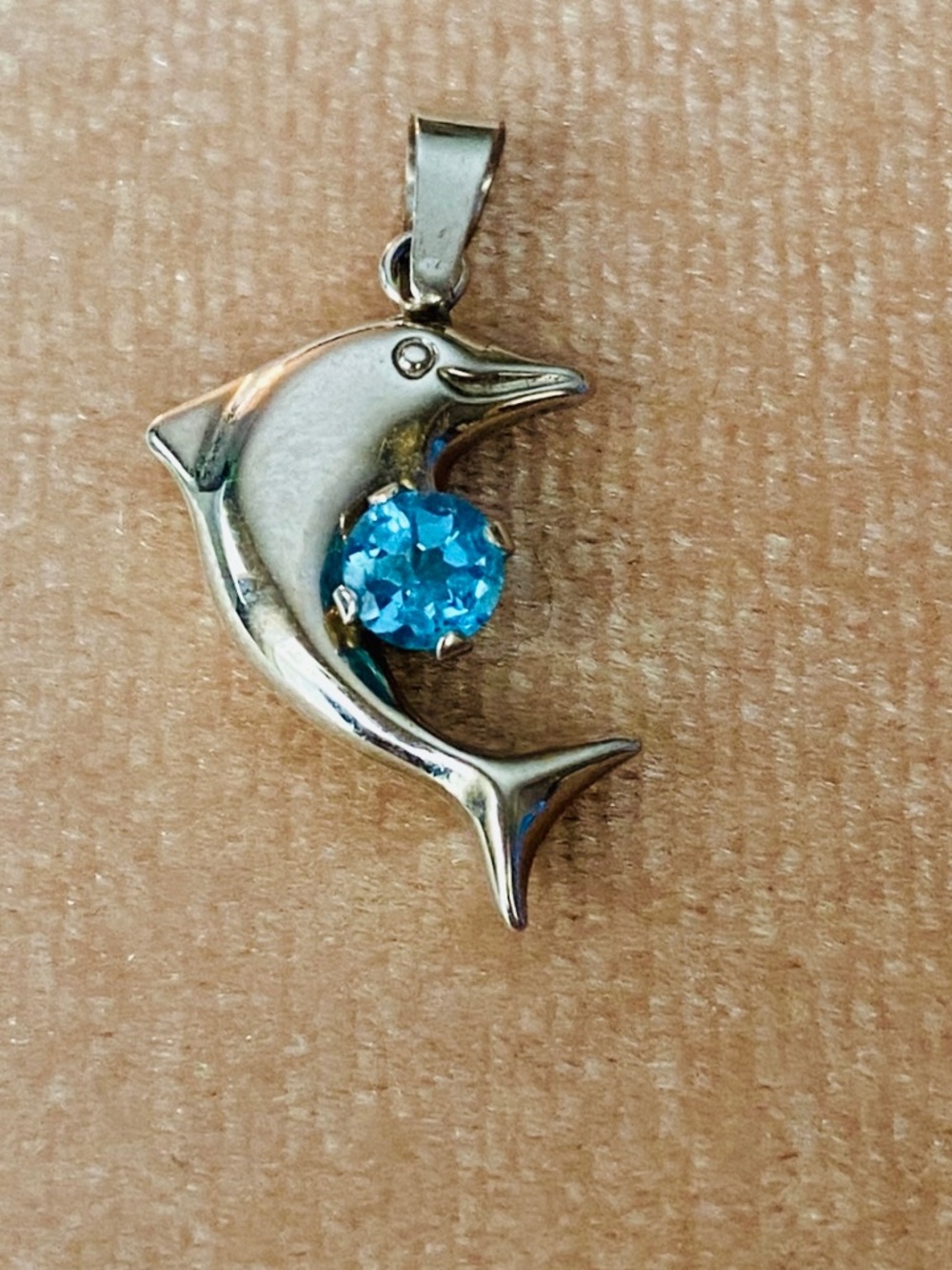 SOLID 10K White Gold Genuine Blue Topaz Dolphin JCM Pendant December Birthstone
